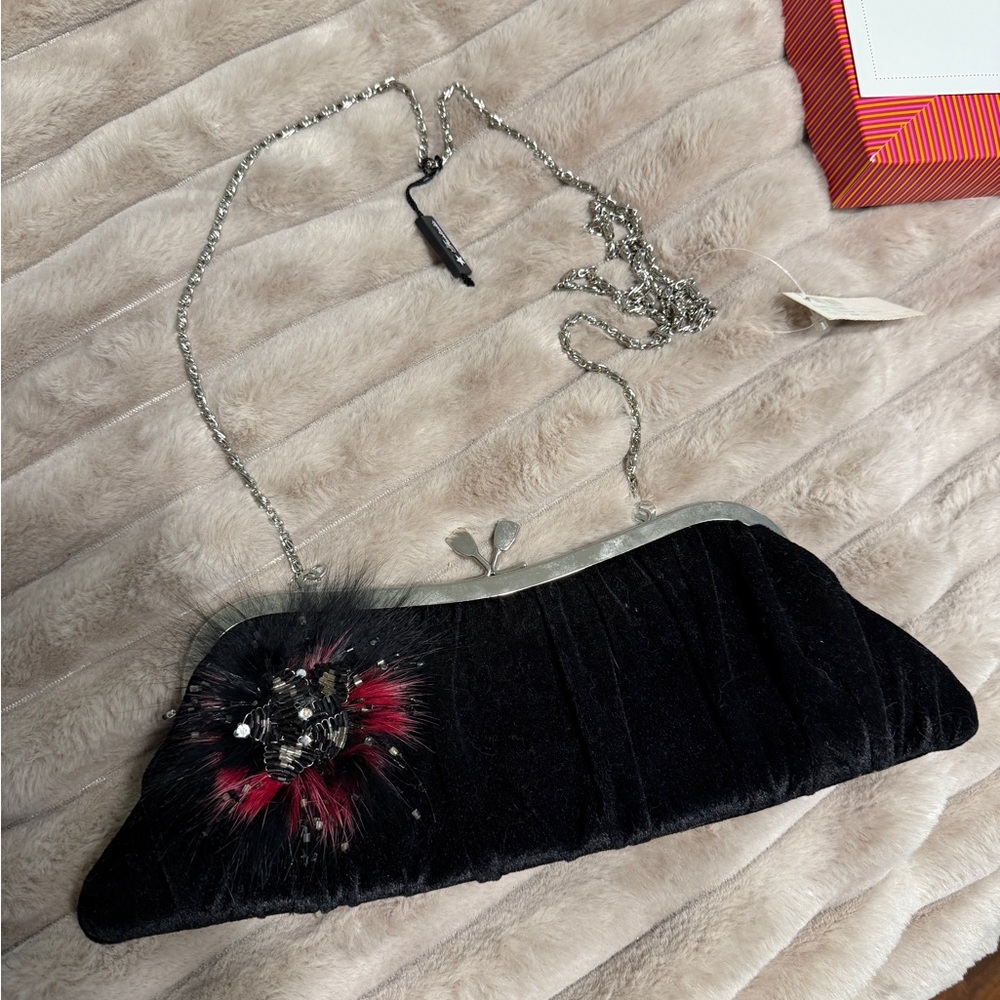 Chic Black Velvet Clutch with peacock feather detail
